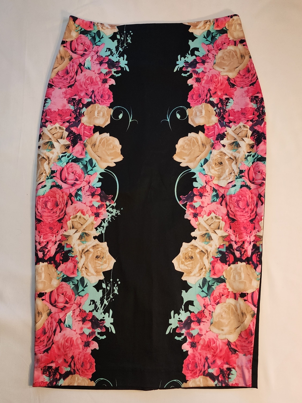 Kardashian Kollection Black Pencil Skirt with Pink & Cream Floral Print